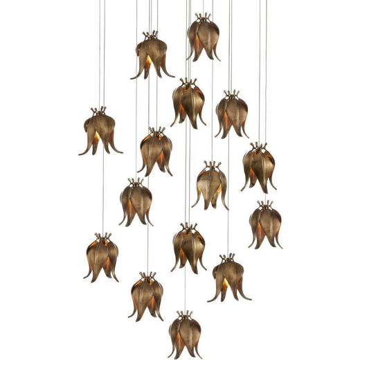 Currey and Company Iota 15-Light Round Multi-Drop Pendant Antique Brass