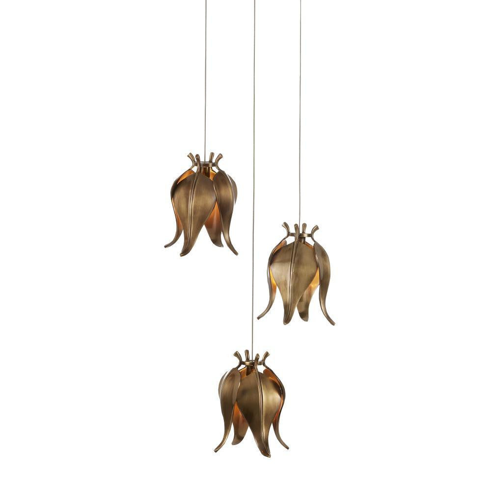 Currey and Company Iota 3-Light Round Multi-Drop Pendant Antique Brass