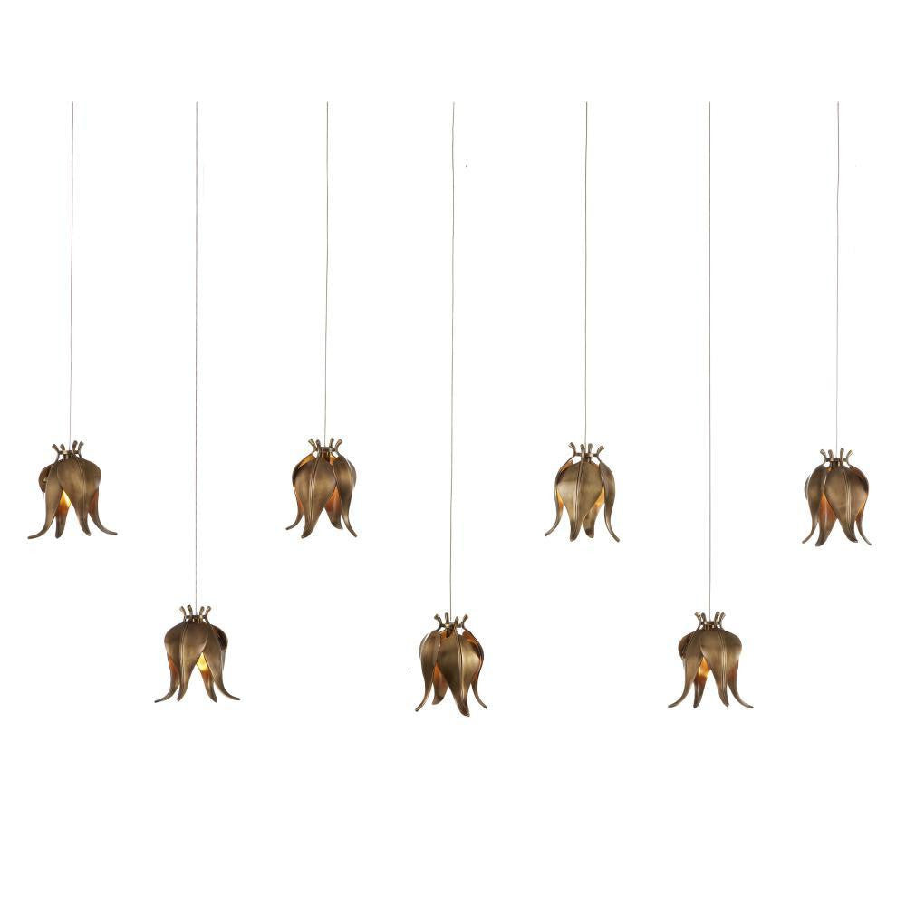 Currey and Company Iota 7-Light Linear Multi-Drop Pendant Antique Brass