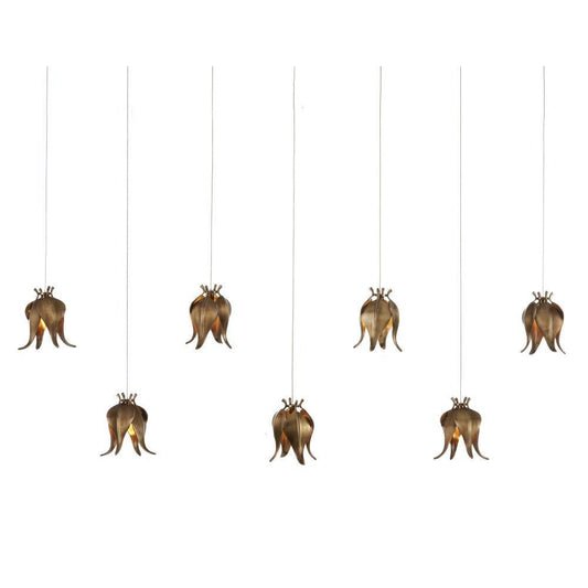 Currey and Company Iota 7-Light Linear Multi-Drop Pendant Antique Brass