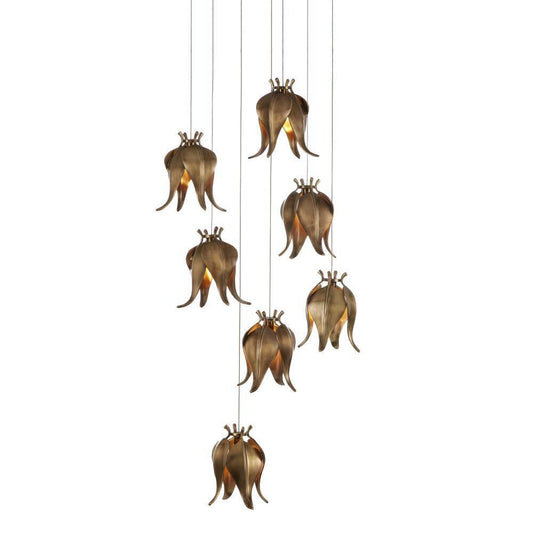 Currey and Company Iota 7-Light Round Multi-Drop Pendant Antique Brass