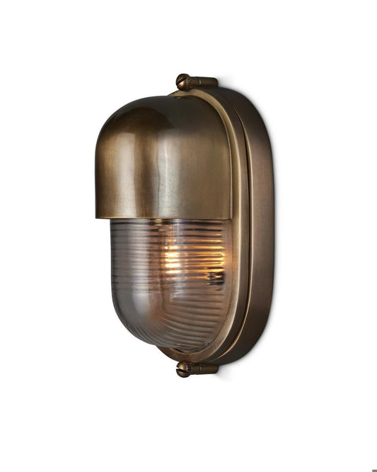 Currey and Company Maritime Brass Outdoor Wall Sconce Antique Brass, Clear
