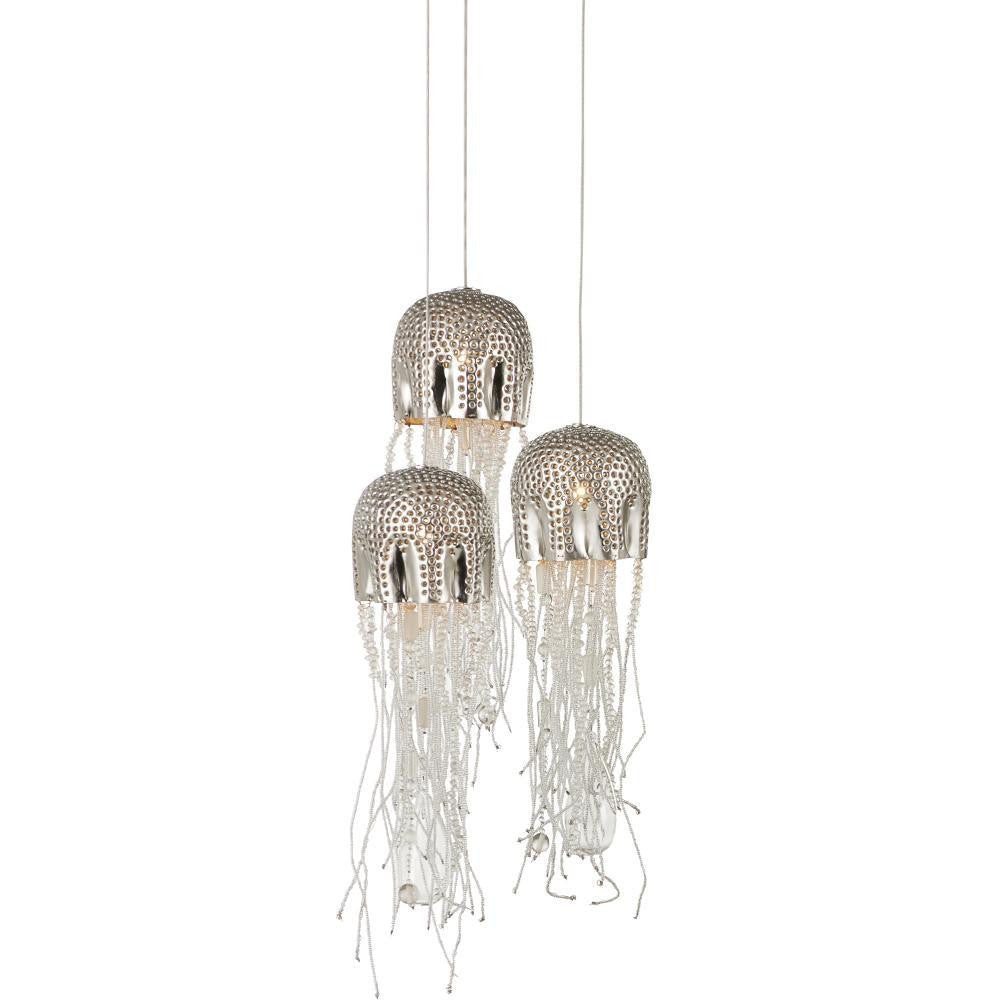 Currey and Company Medusa 3-Light Round Multi-Drop Pendant Nickel, Clear, Silver