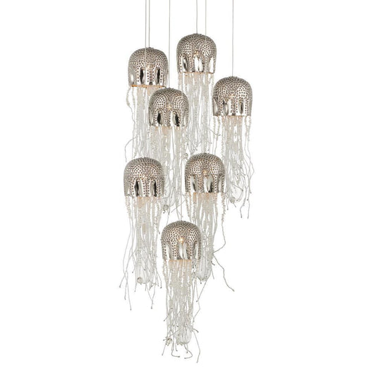 Currey and Company Medusa 7-Light Round Multi-Drop Pendant Nickel, Clear, Silver