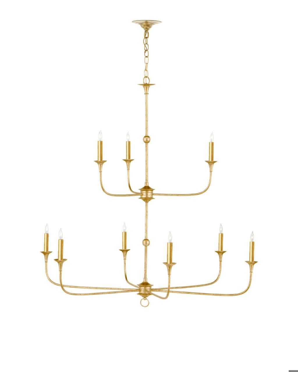 Currey and Company Nottaway Two-Tier Gold Chandelier Contemporary Gold Leaf, Contemporary Gold