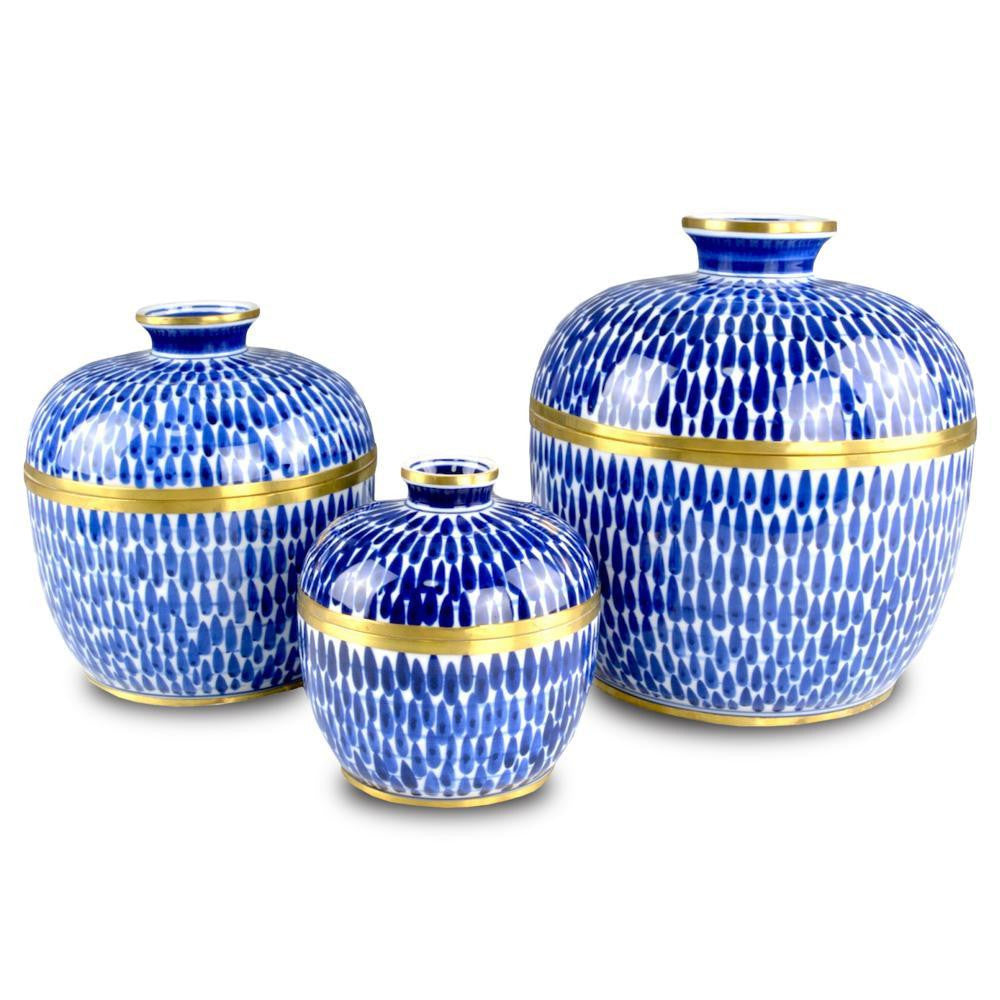 Currey and Company Plavan Jar, Set of 3 Blue, White, Brass