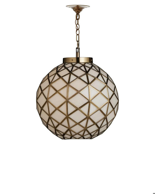 Currey and Company Polyhedron Medium Pendant White, Antique Brass
