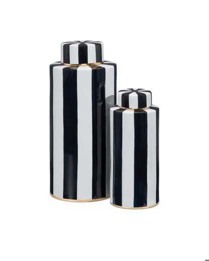 Currey and Company Rayures Tea Canister, Set of 2 Ivory, Black, Antique Brass
