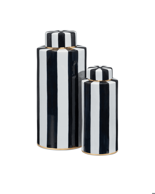 Currey and Company Rayures Tea Canister, Set of 2 Ivory, Black, Antique Brass