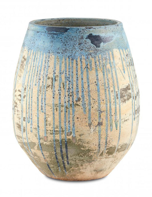 Currey and Company Sicilia Large Antique Blue Drip Planter Antique White, Blue Drip