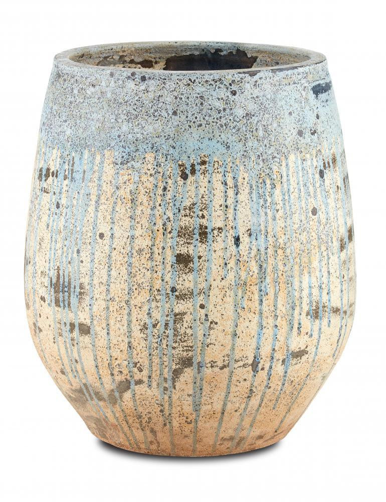 Currey and Company Sicilia Medium Antique Blue Drip Planter Antique White, Blue Drip