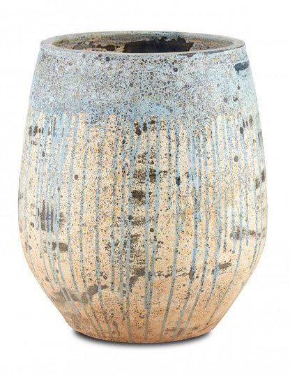 Currey and Company Sicilia Medium Antique Blue Drip Planter Antique White, Blue Drip