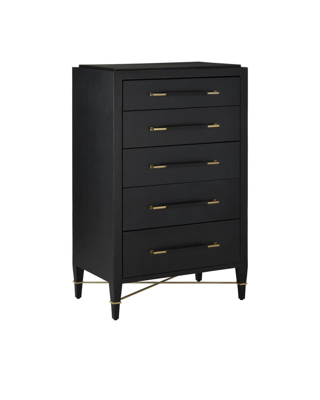 Currey and Company Verona Black Five-Drawer Chest Black Lacquered Linen, Champagne
