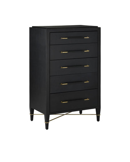 Currey and Company Verona Black Five-Drawer Chest Black Lacquered Linen, Champagne