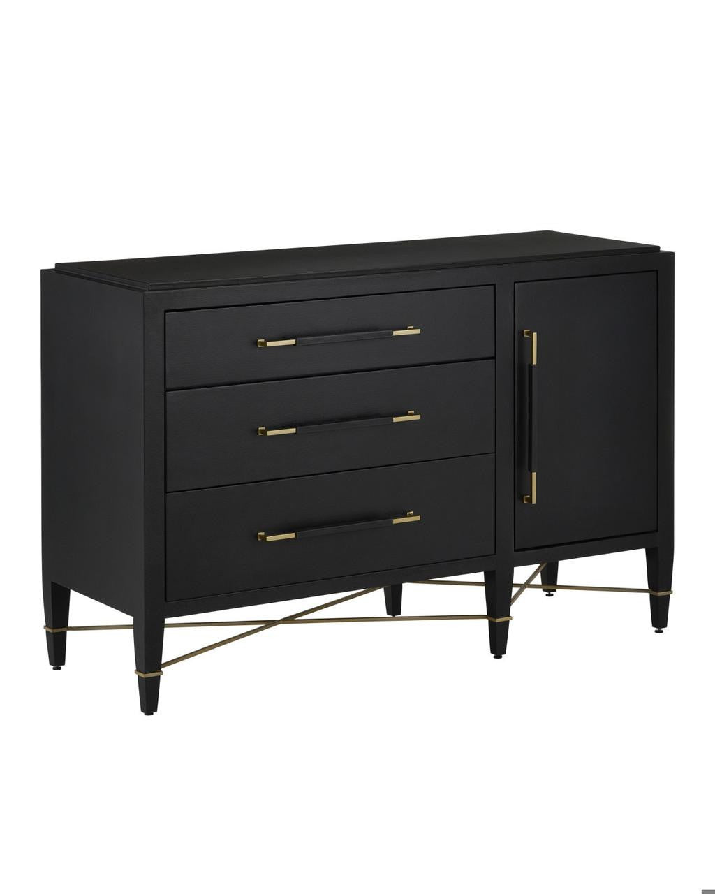 Currey and Company Verona Black Three-Drawer Chest Black Lacquered Linen, Champagne