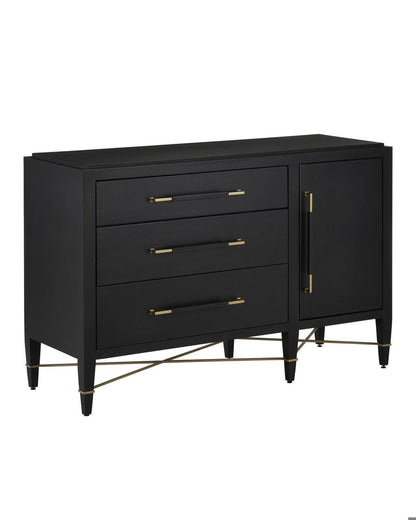 Currey and Company Verona Black Three-Drawer Chest Black Lacquered Linen, Champagne