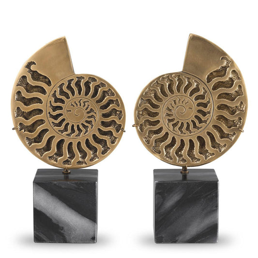 Eichholtz Ammonite Sculpture, Set of 2, Vintage Brass, Black Marble Base, 6.5"W (113731 YV0J041QU6)