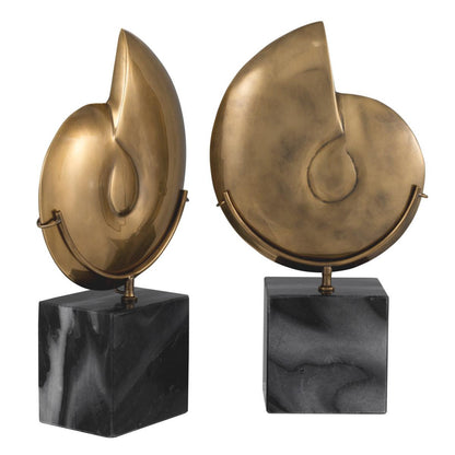 Eichholtz Ammonite Sculpture, Set of 2, Vintage Brass, Black Marble Base, 6.5"W (113731 YV0J041QU6)