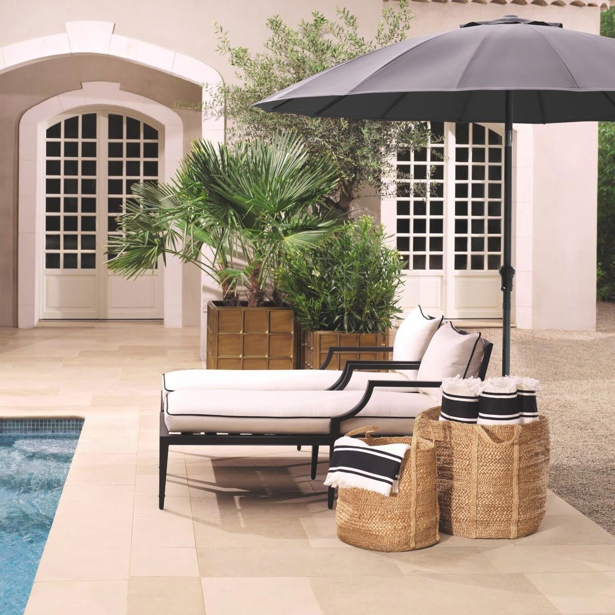 Eichholtz Bella Vista Outdoor Chaise Lounge, White, Black Piping, Black Frame, 26.97"W (113642 YV0J041RR0)