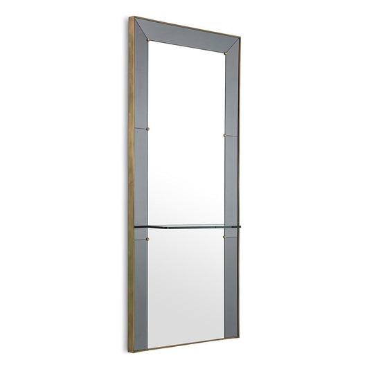 Eichholtz Bellana Mirror, Antique Brass, Smoke Glass, Mirror Glass, Clear Glass Shelf, 39.37"W (116271 YV0J03YYZV)