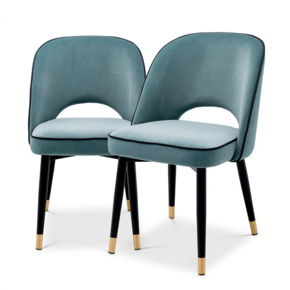 Eichholtz Cliff Dining Chair, Set of 2, Savona Blue Velvet, Black Piping, Black & Brass Legs, 33.07"H (A114301 YV0J03YX1C)