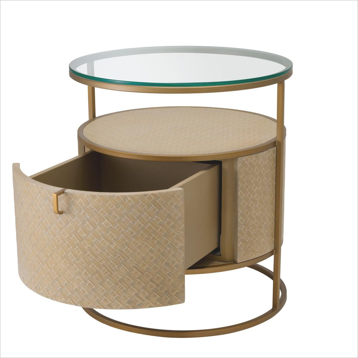 Eichholtz Napa Valley Nightstand, Tan, Brushed Brass, Clear Glass, 19.69"W (114776 YV0J03YQ36)