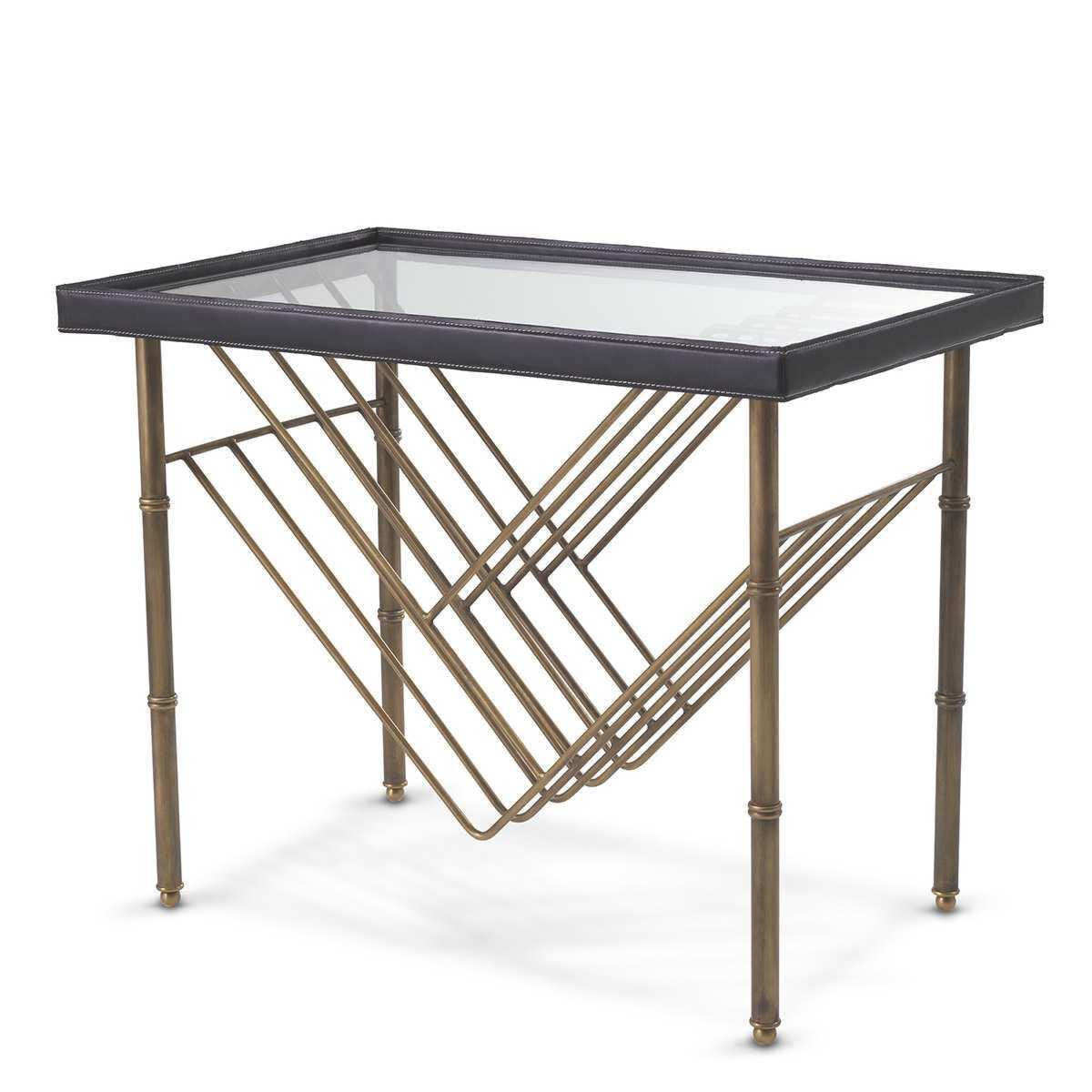 Eichholtz Princess Side Table, Vintage Brass, Clear Glass, Black Leather, 22.05"H (116815 YV0J041UT3)