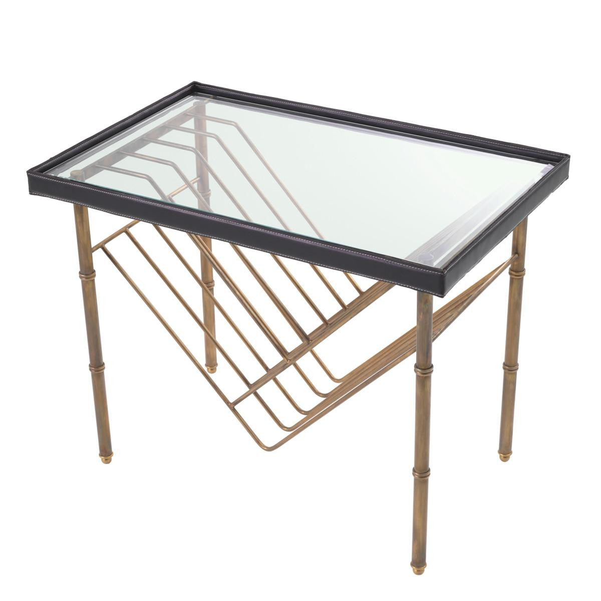 Eichholtz Princess Side Table, Vintage Brass, Clear Glass, Black Leather, 22.05"H (116815 YV0J041UT3)