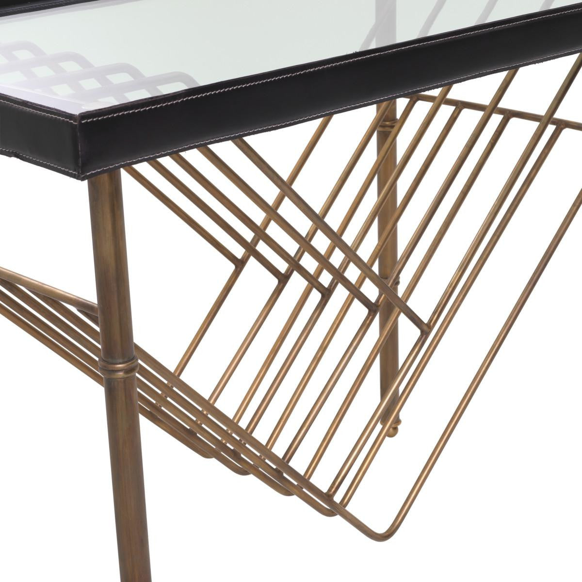 Eichholtz Princess Side Table, Vintage Brass, Clear Glass, Black Leather, 22.05"H (116815 YV0J041UT3)