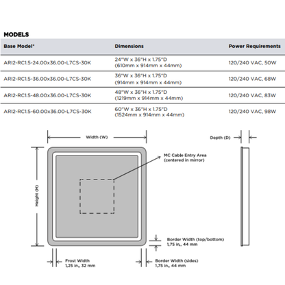 Electric Mirror Aria Lighted Mirror, Ava Technology, Integrated LED, Clear, 36"H x 48"W x 1.75"D (ARI-4836-AE YUU6011X4Y)