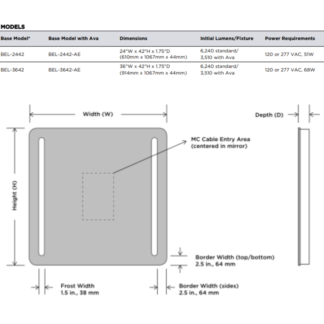 Electric Mirror Bela Lighted Mirror, Forward-Phase Dimming Technology, Integrated LED, Clear, 42"H x 36"W x 1.75"D (BEL-3642 YUU6011X52)