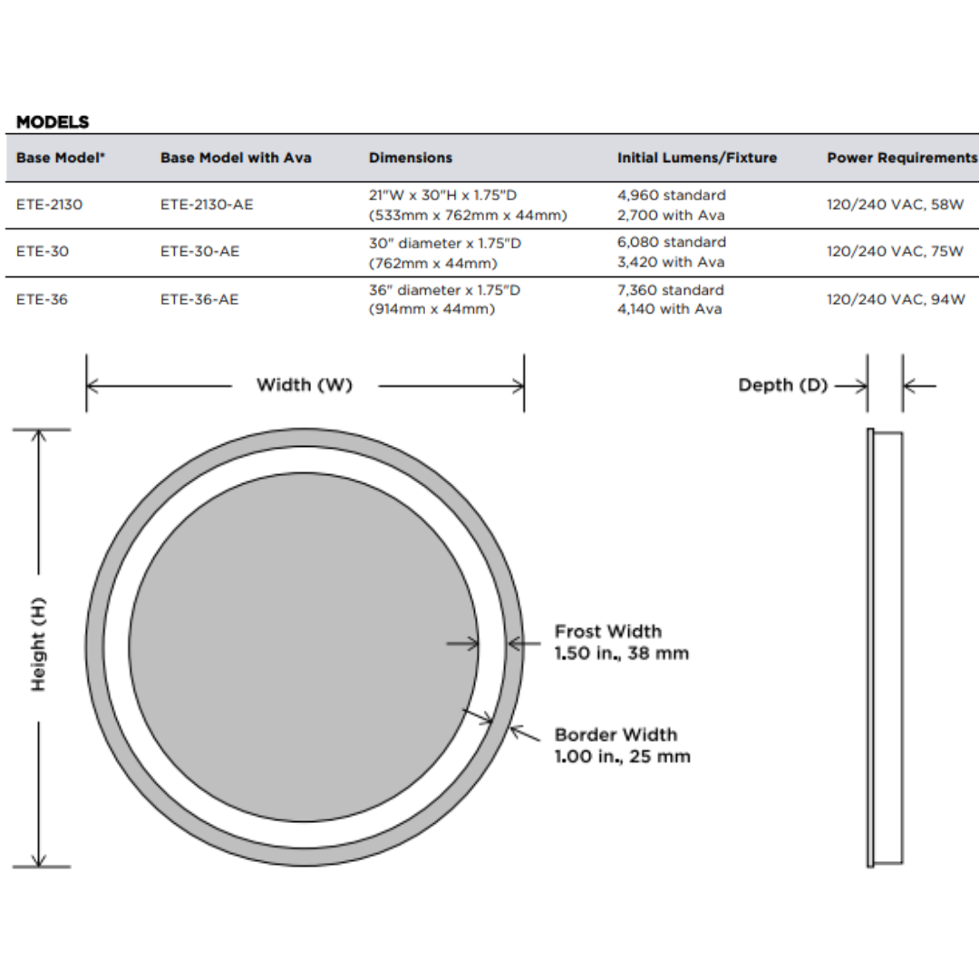 Electric Mirror Eternity Lighted Mirror, Ava Technology, Integrated LED, Clear, 30"H x 21"W x 1.75"D (ETE-2130-AE YUU6011X5E)