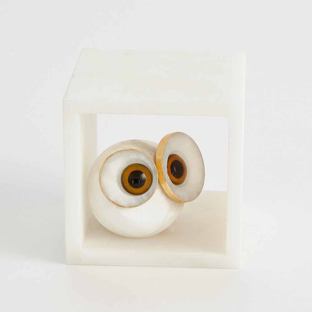 Global Views Alabaster Big Eyed Owl in Cube Small Sculpture