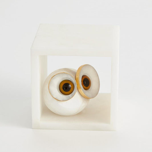 Global Views Alabaster Big Eyed Owl in Cube Small Sculpture