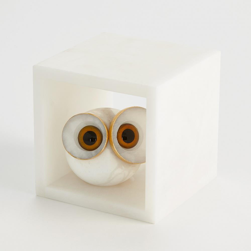 Global Views Alabaster Big Eyed Owl in Cube Small Sculpture