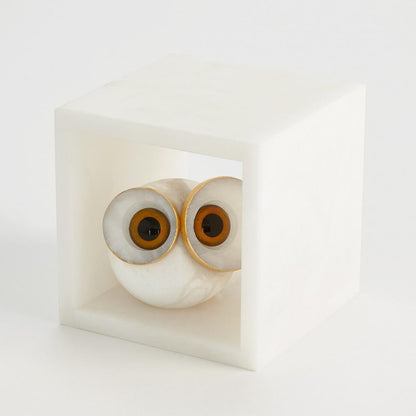 Global Views Alabaster Big Eyed Owl in Cube Small Sculpture