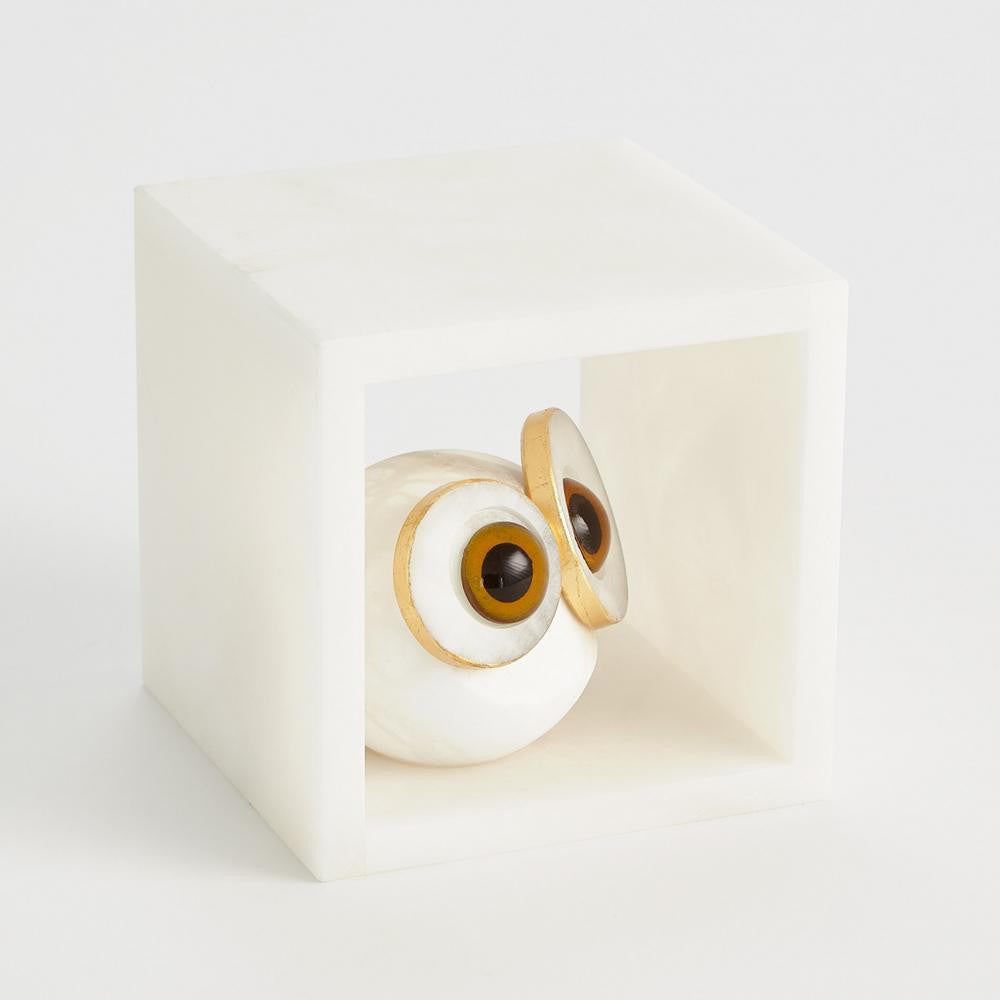 Global Views Alabaster Big Eyed Owl in Cube Small Sculpture