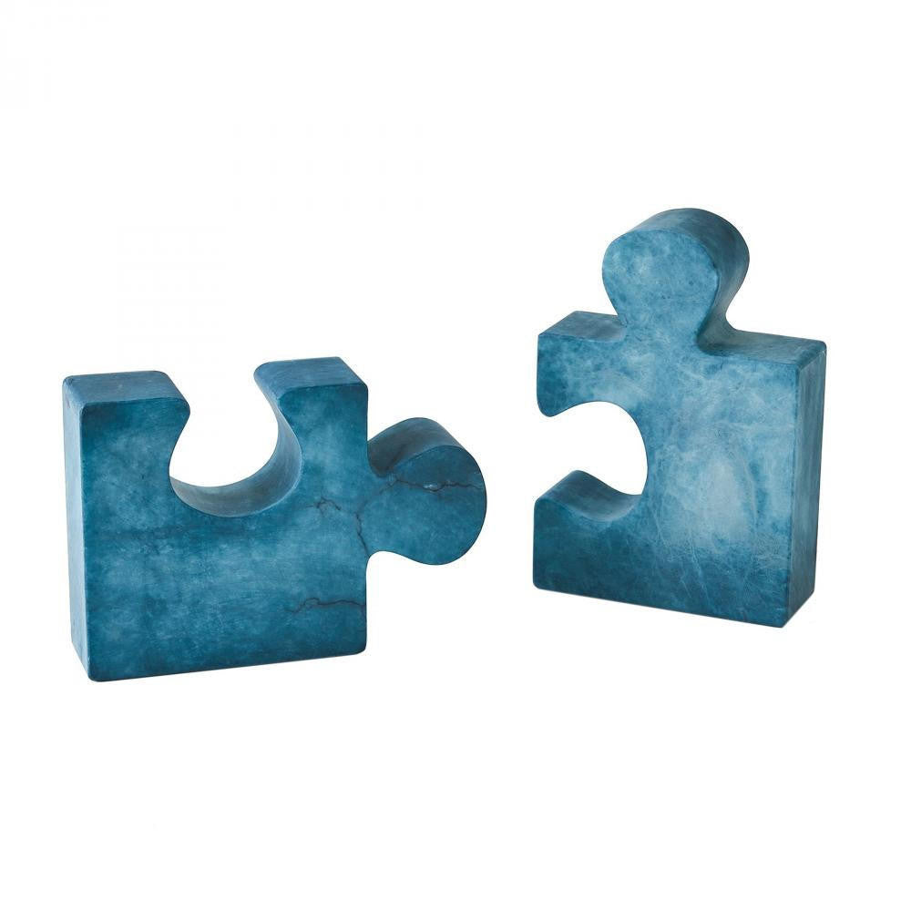 Global Views Set of 2 Alabaster Jigsaw Blue Bookends