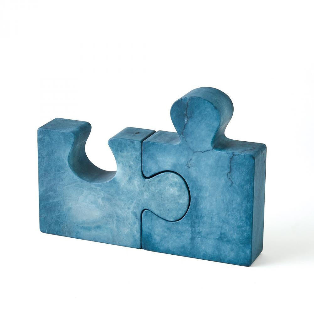 Global Views Set of 2 Alabaster Jigsaw Blue Bookends