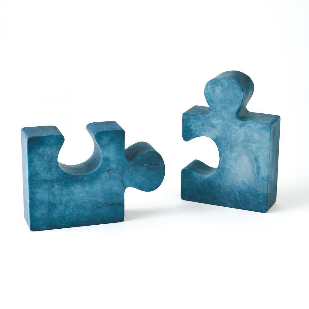 Global Views Set of 2 Alabaster Jigsaw Blue Bookends