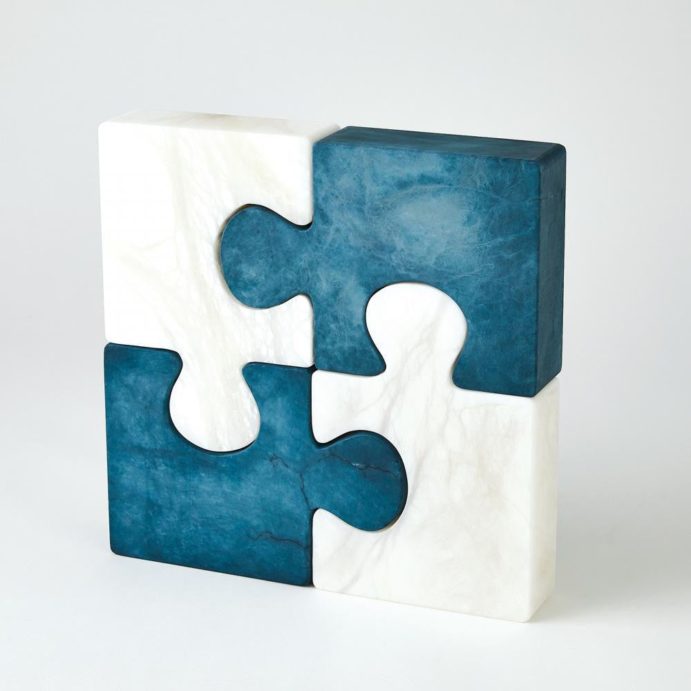 Global Views Set of 2 Alabaster Jigsaw Blue Bookends