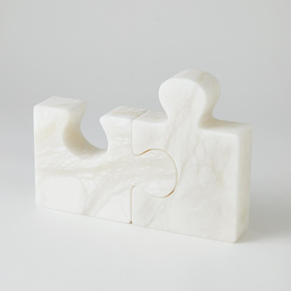 Global Views Set of 2 Alabaster Jigsaw White Bookends