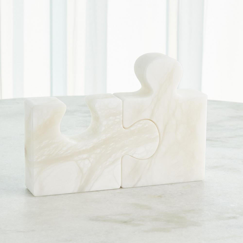 Global Views Set of 2 Alabaster Jigsaw White Bookends