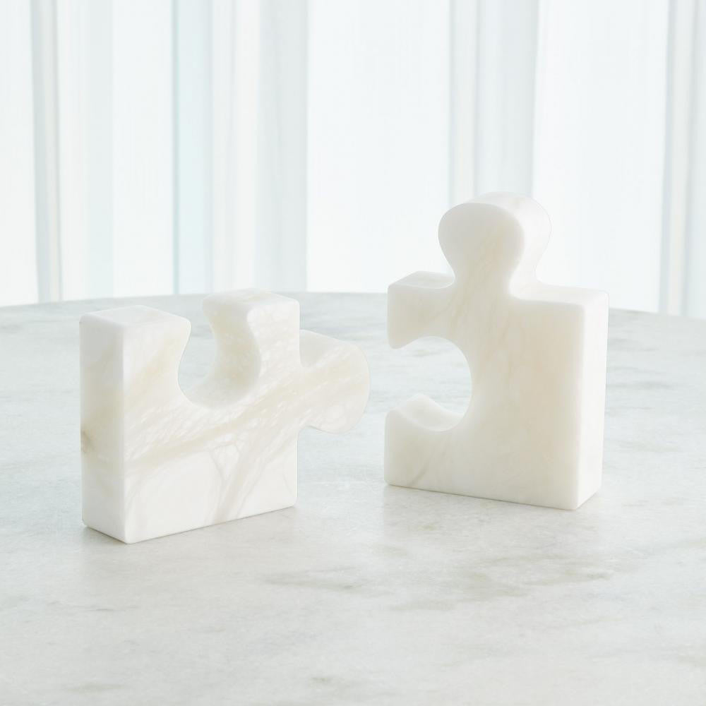 Global Views Set of 2 Alabaster Jigsaw White Bookends