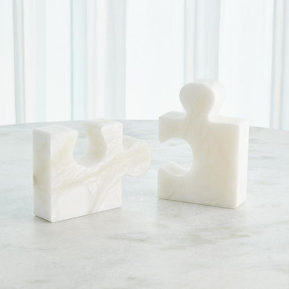 Global Views Set of 2 Alabaster Jigsaw White Bookends
