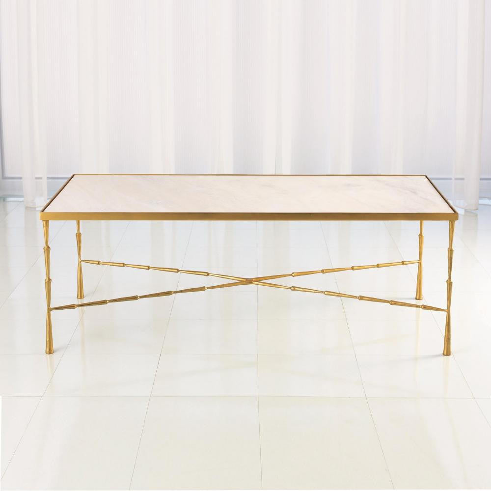 Global Views Spike Antique Brass with White Marble Top Cocktail Table