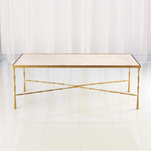 Global Views Spike Antique Brass with White Marble Top Cocktail Table