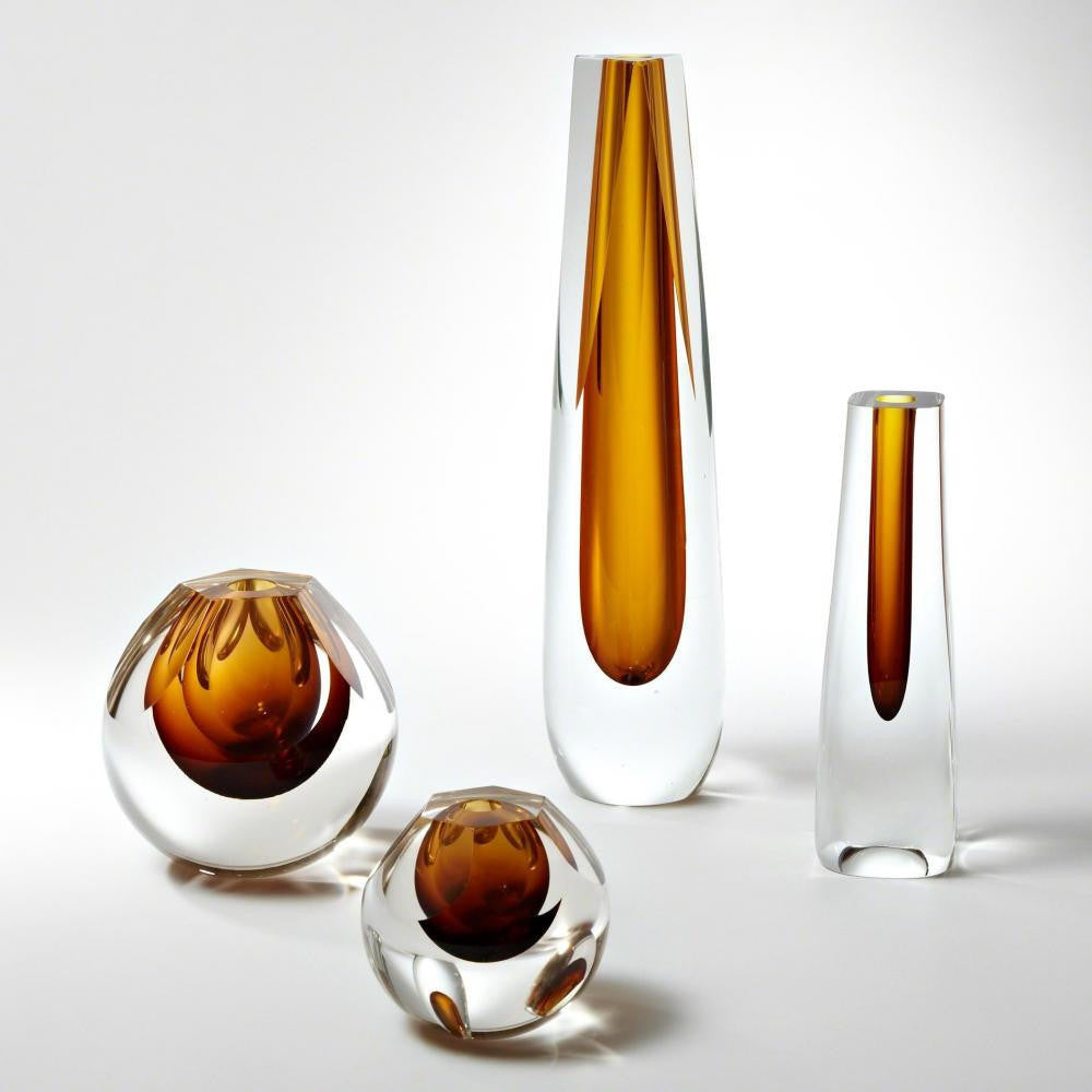 Global Views Triangle Cut Glass Amber Vase