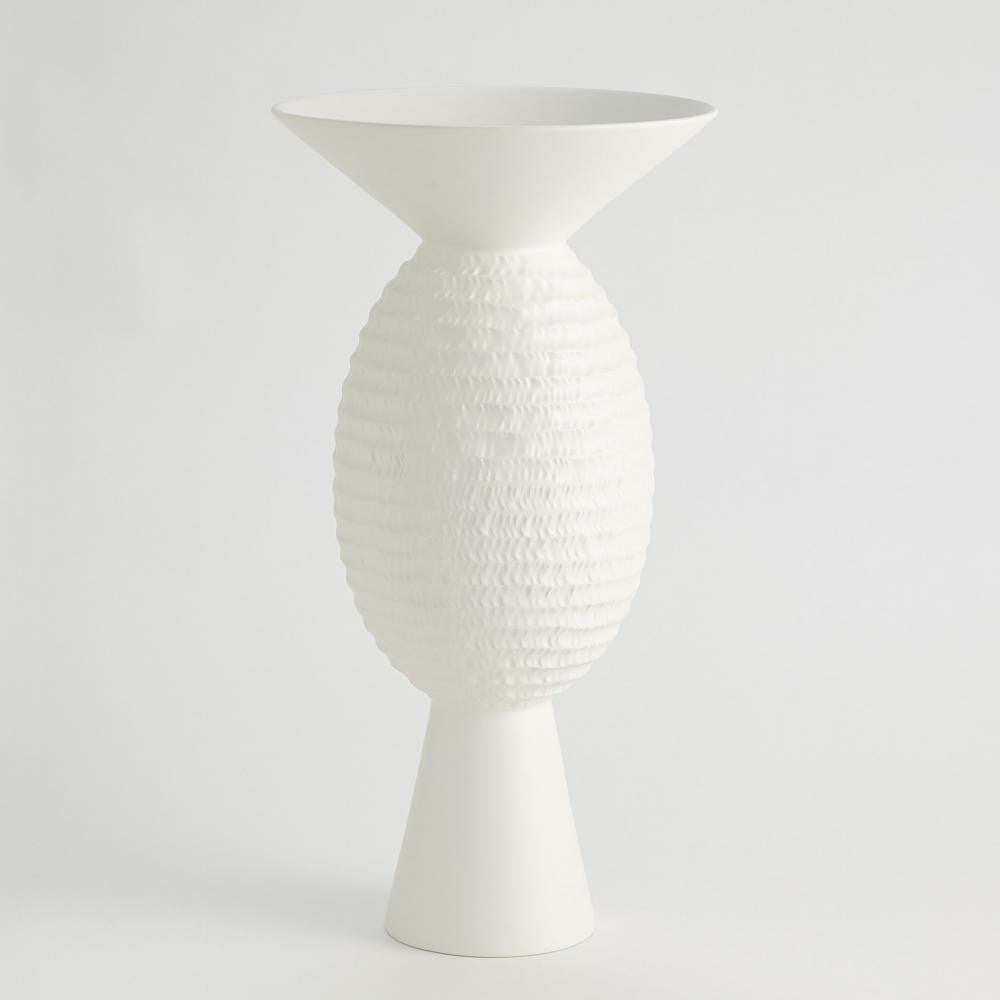 Global Views Wide Chiseled Orb Matte White Vase