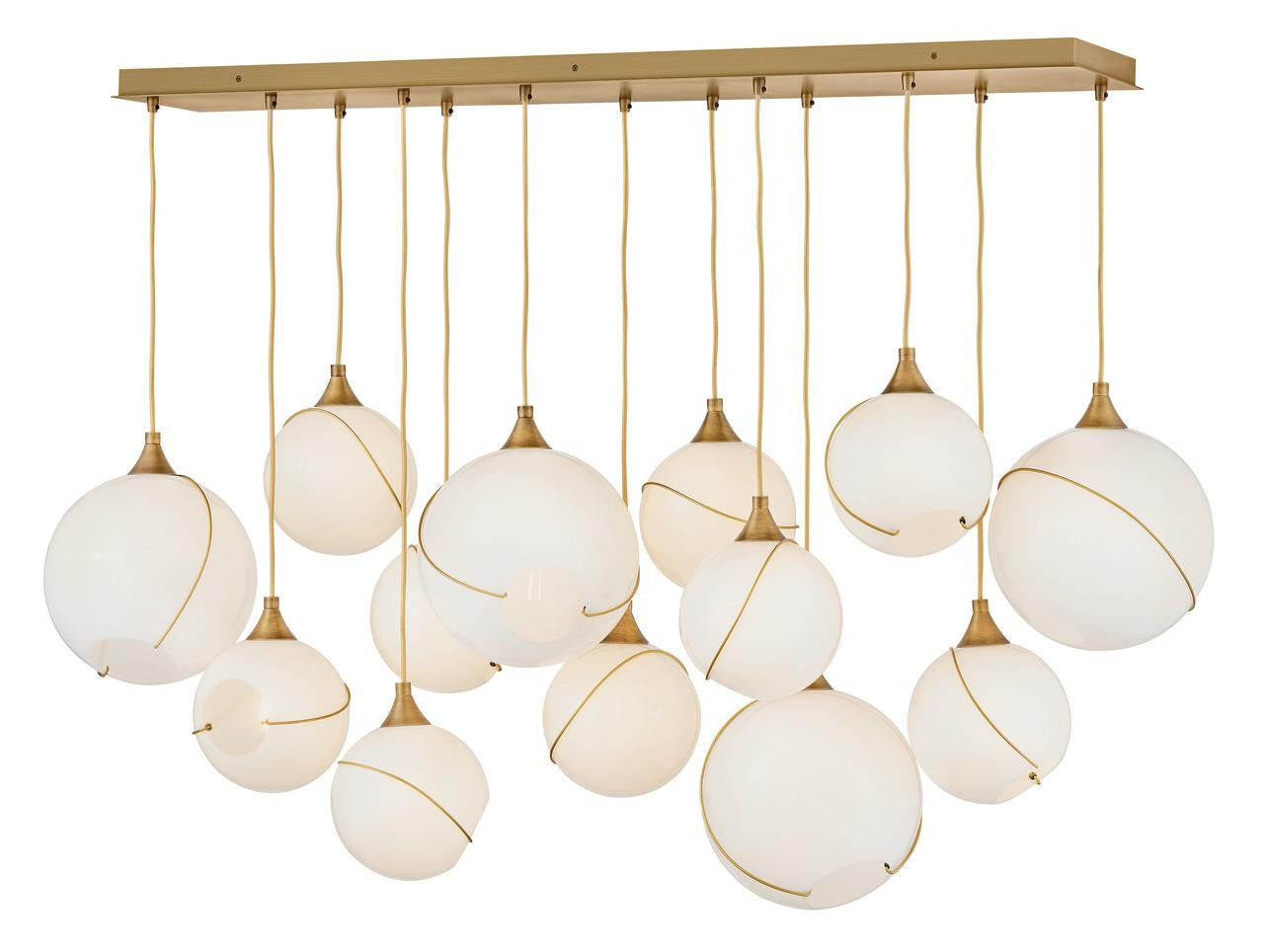Hinkley Skye Large Thirteen Light Linear Chandelier Heritage Brass Cased Opal